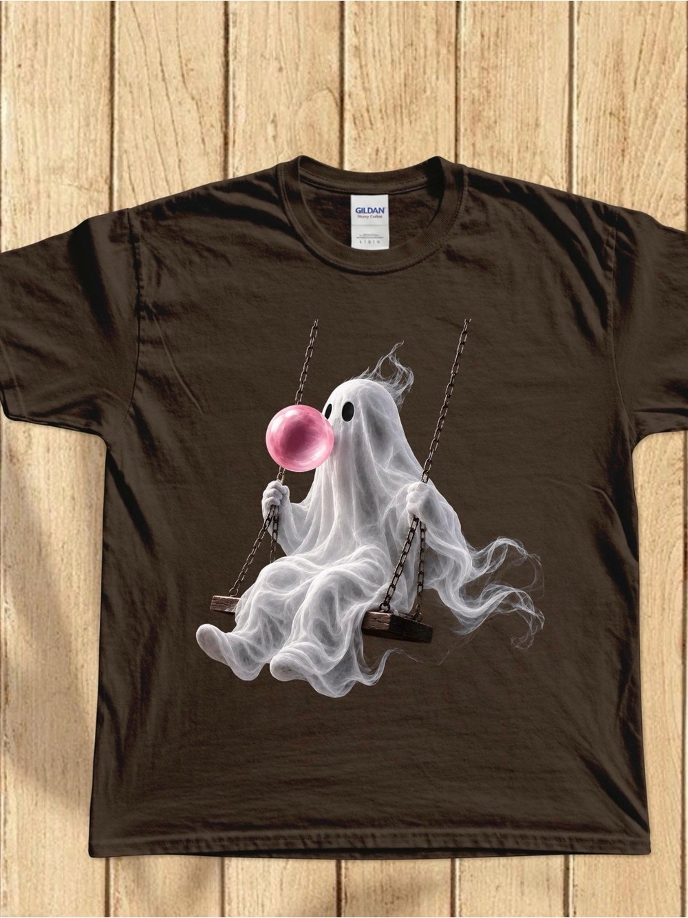 Gildan Brown Tee with White Ghost on Swing and Pink Bubble